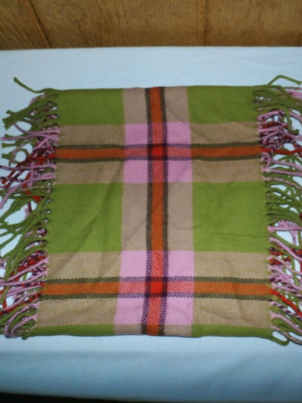 New Renee's NYC Scarf made in France soft green, pink plaid  60 " long